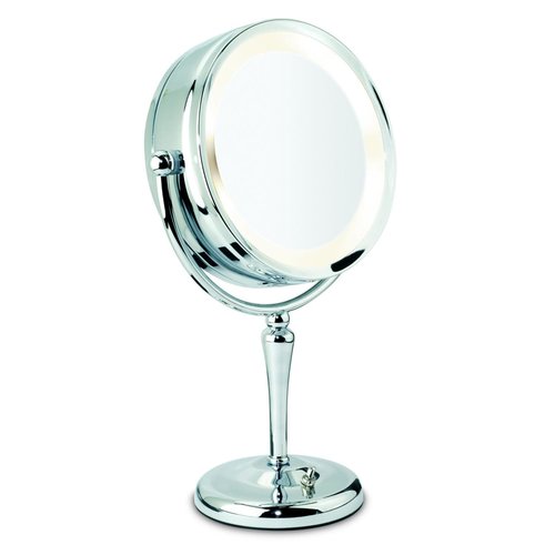 Miroir sur pied chrome à 2 faces avec éclairage et zoom 10X Miroir sur pied chrome à 2 faces avec éclairage et zoom 10X