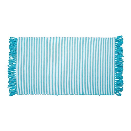 Tapis ligné turquoise à franges en fibres recyclées Tapis ligné turquoise à franges en fibres recyclées