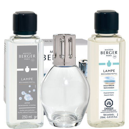Coffret lampe Berger Essentielle ovale avec recharges Neutre essentiel et Vent d’océan Coffret lampe Berger Essentielle ovale avec recharges Neutre essentiel et Vent d’océan
