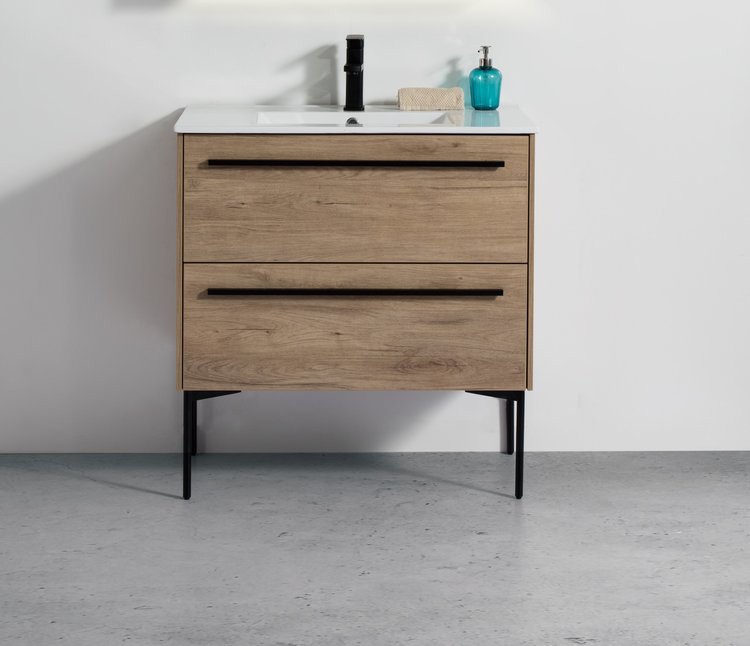 LIGANO Vanite emeraude 32 po couleur bois dessus en porcelaine avec ou sans pattes
