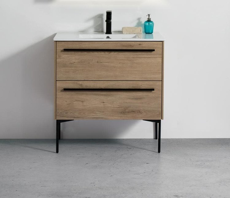 LIGANO Vanite emeraude 39 po couleur bois dessus en porcelaine avec ou sans pattes
