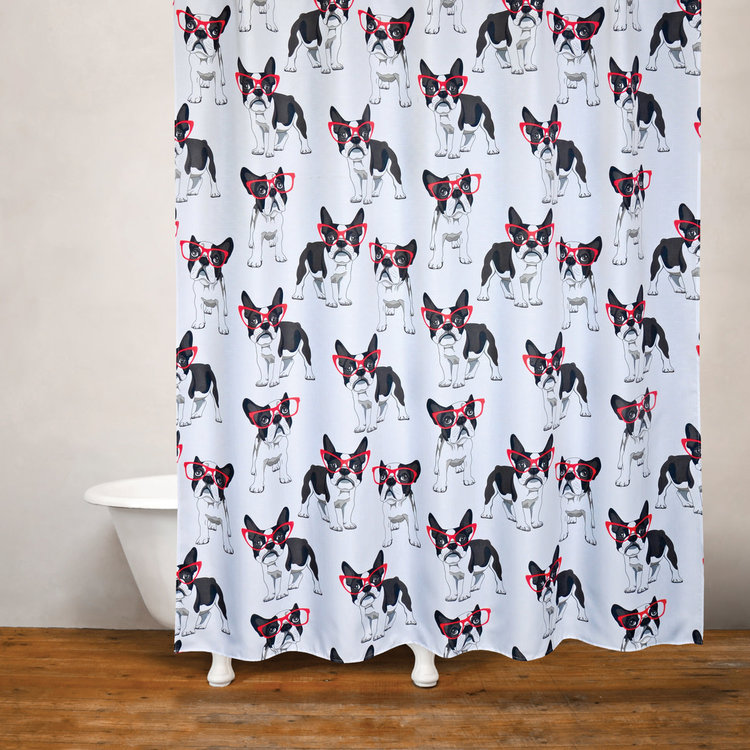 MODA AT HOME Rideau douche cool frenchie chien lunette rouge/noir