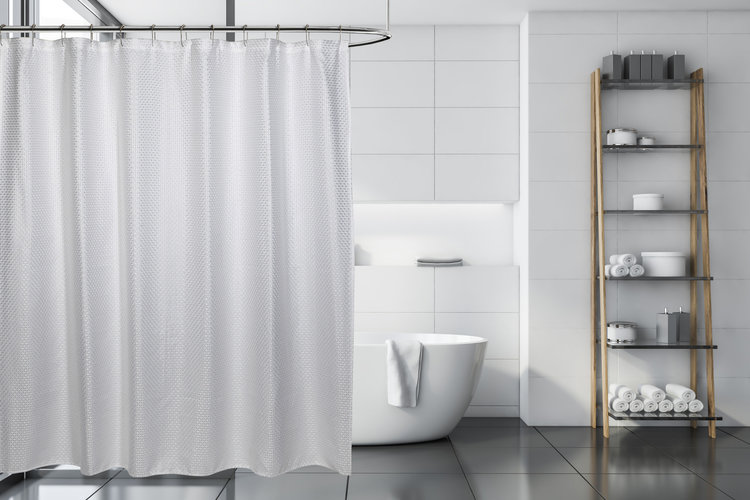 MODA AT HOME Copy of RIDEAU DE DOUCHE CARDIFF EN TISSU GRIS ET BRODERIE BLANCHE