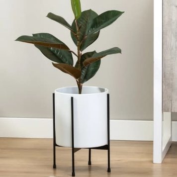 TORRE & TAGUS Cache-pot alto en ceramique blanche avec support noir 8d x 12h sans plante