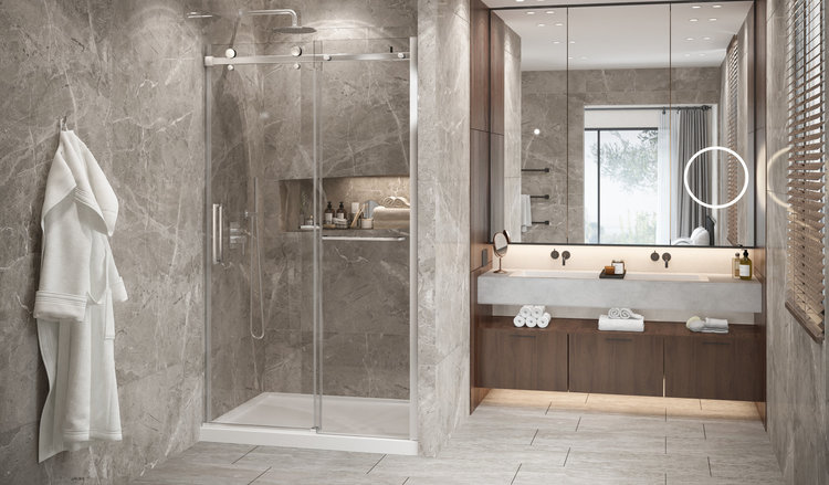 ZITTA Porte de douche bellini 2.0 48po avec barre à serviette fixe sur le panneau de retour chrome