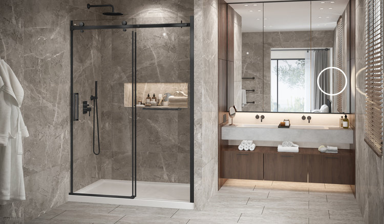 ZITTA Porte de douche bellini 2.0 48po avec barre à serviette fixe sur le panneau de retour noir mat
