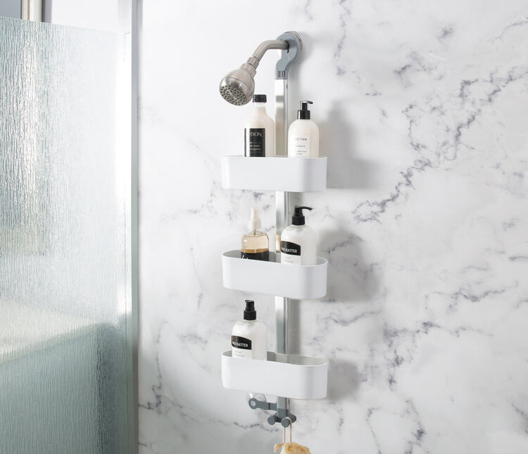 MODA AT HOME Caddy de douche avec 3 paniers ajustable aluminium et blanc