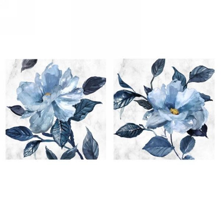 CADRE FLEUR ET FEUILLAGE BLEU 15X15