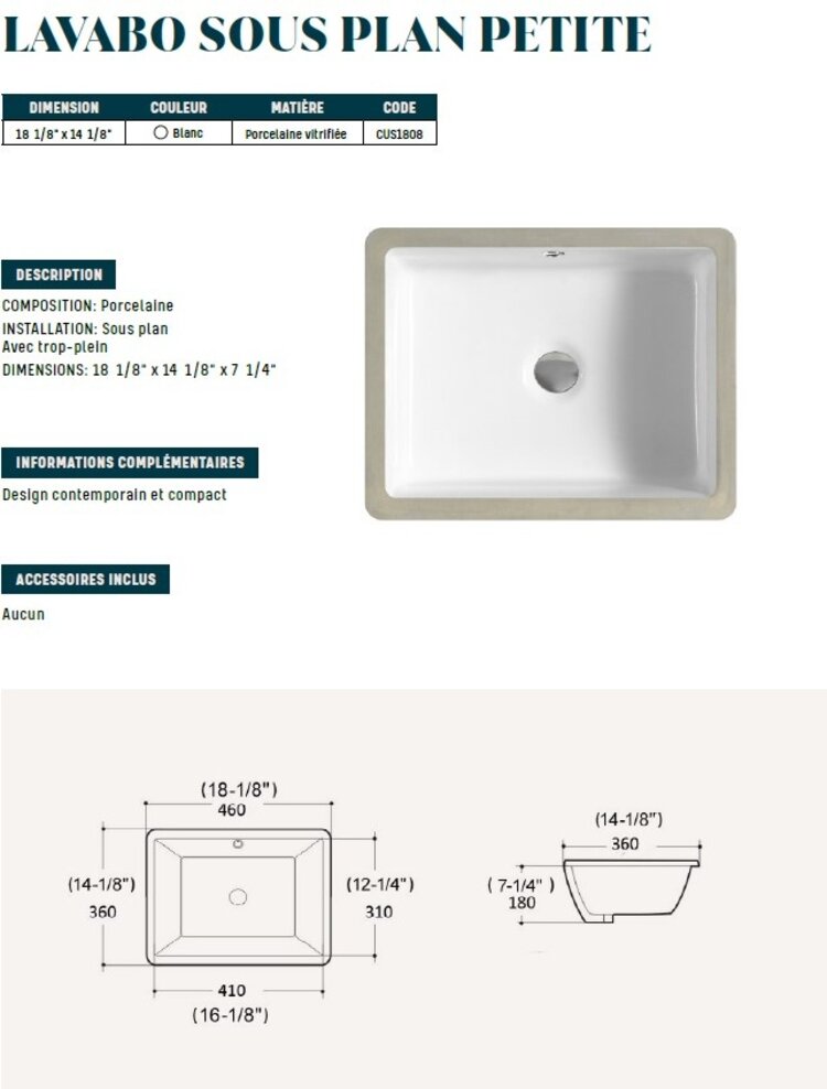 LIGANO Lavabo sous plan avec trop-plein petite 17 3/4 x 14 3/4 x 7 1/8po blanc