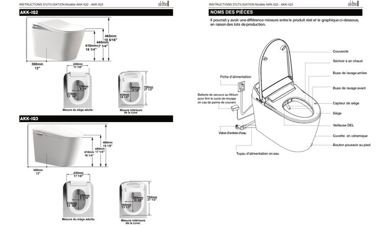AKKTUEL Toilette intelligente IQ3 hauteur idéale, siège bidet automatique blanche