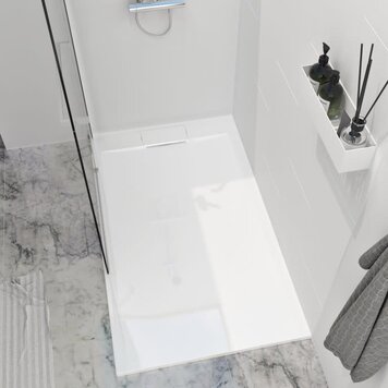ZITTA Base liss 48x36 avec drain à gauche et bridée en usine à gauche en résine de pierre blanche lustrée