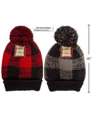 CozyWear Plaid Tuque w/ PomPom - Red or Grey