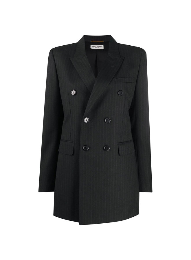 Double Breasted Pinstriped Blazer Jacket in Black