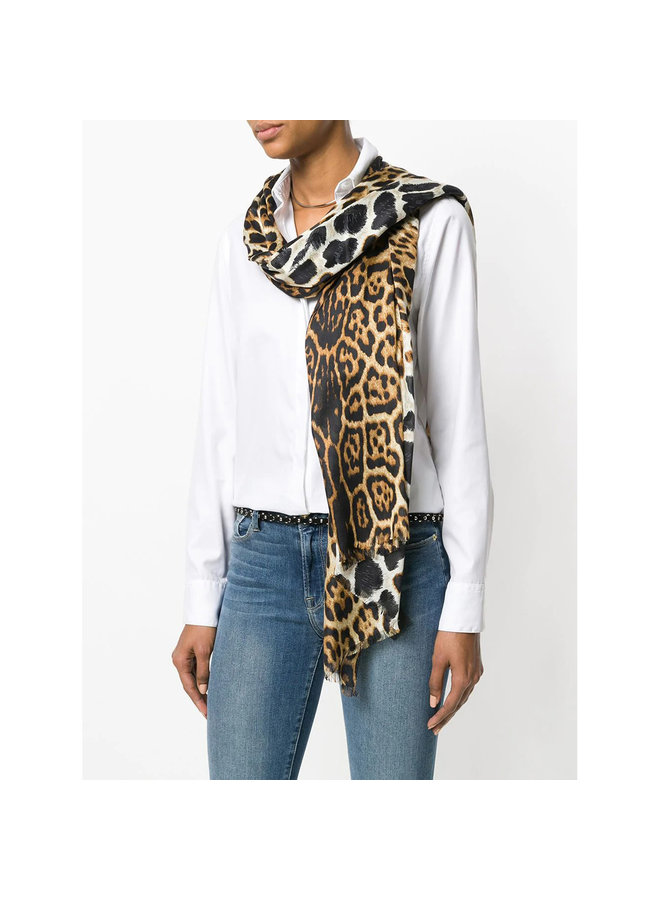 Leopard Print Scarf in Silk in Beige/Black
