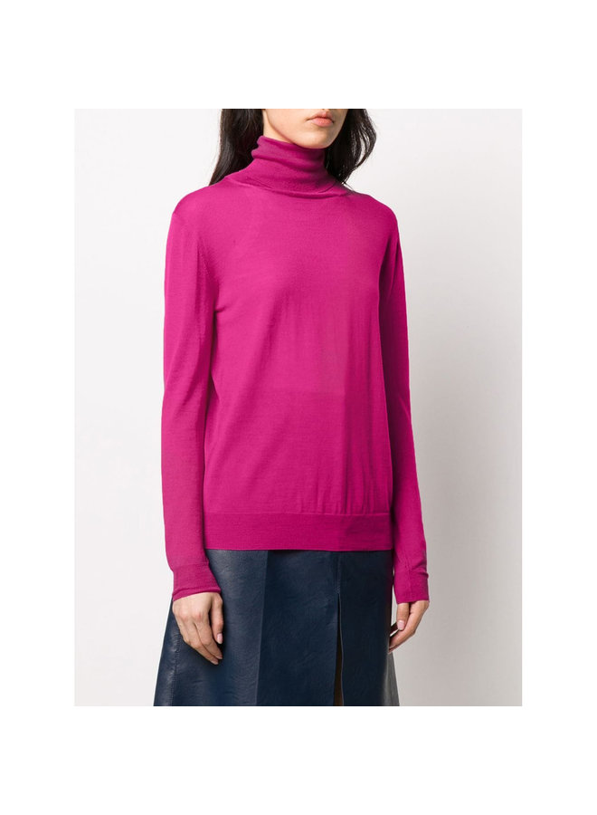 Fine Knit Turtleneck Top in Wool in Fuschia Pop