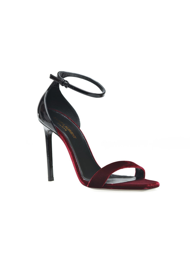 Amber High Heel Sandals in Suede/Patent Leather in Black/Burgandy