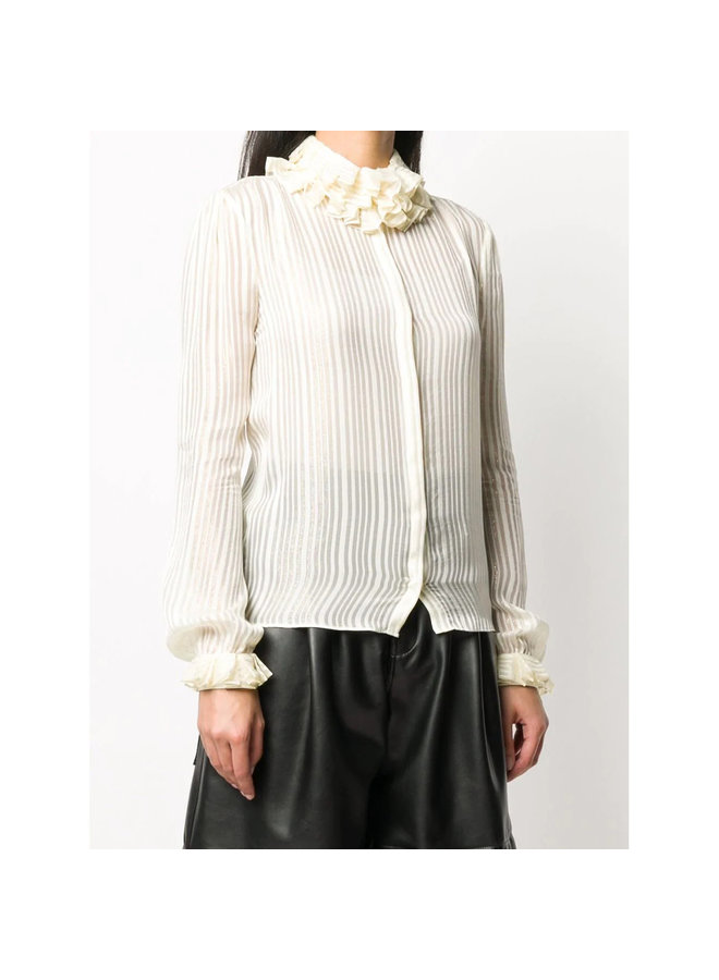 Ruffled High Neck Shirt in Silk in Cream
