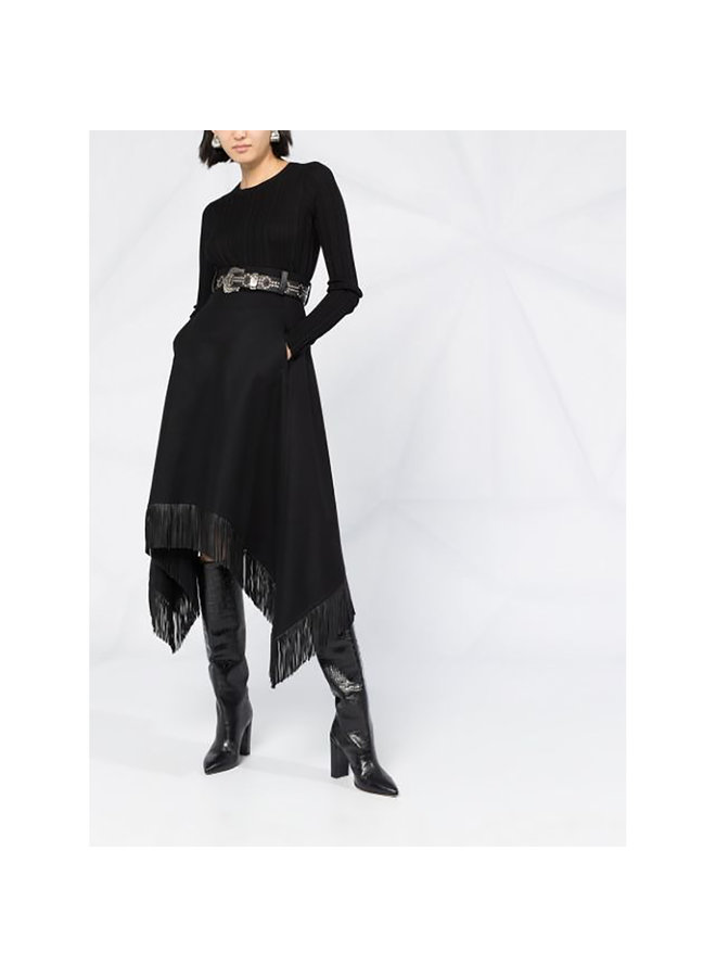 Asymmetric Fringed Skirt in Wool/Cashmere in Black