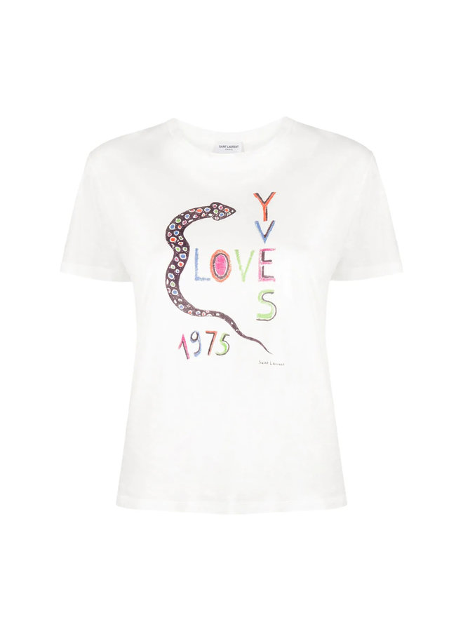 Crew Neck T-Shirt Love Yves Print in Cotton in Natural