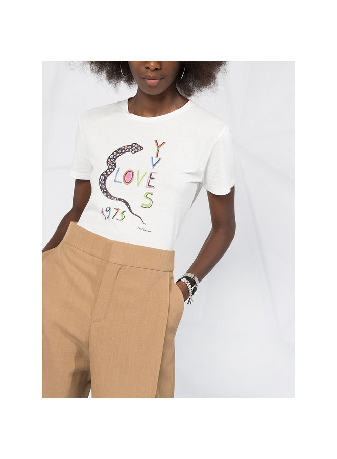 Crew Neck T-Shirt Love Yves Print in Cotton in Natural