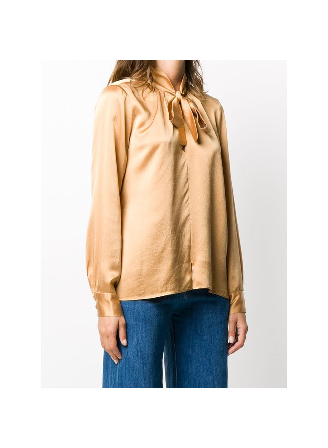 Long Sleeve Blouse Tie up Neckline in Silk in Camel