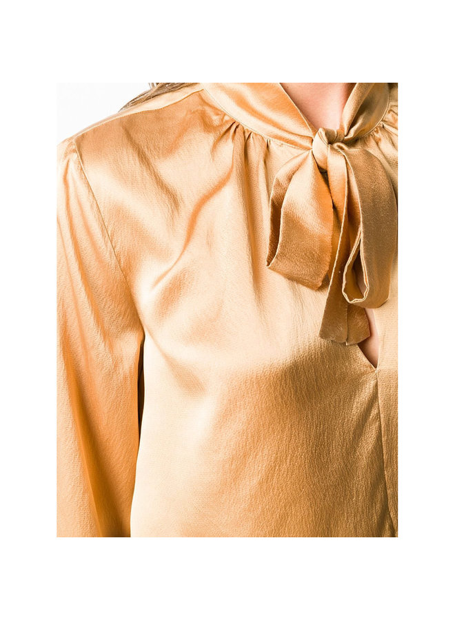 Long Sleeve Blouse Tie up Neckline in Silk in Camel