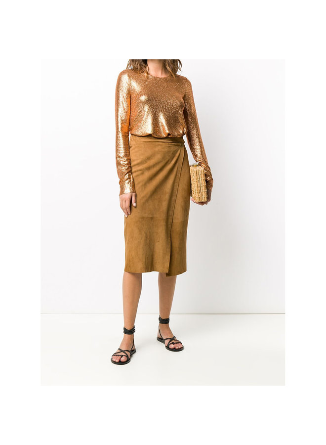 Midi Slim Pencil Skirt in Suede in Camel