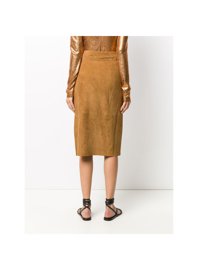 Midi Slim Pencil Skirt in Suede in Camel