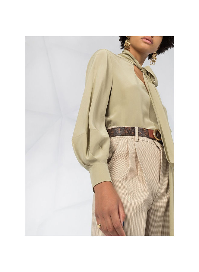 Long Sleeve Blouse Front Tie in Silk in Green