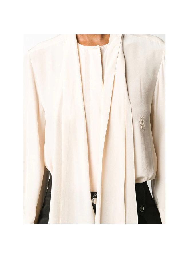 Long Sleeve Blouse Front Tie in Silk in Pink