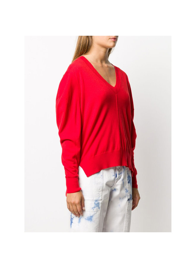 V-neck Draped Knitwear Jumper in Wool in Poppy Red