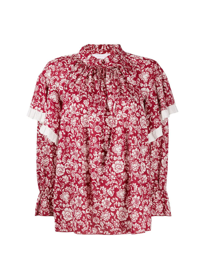 Long Sleeve Ruffle Blouse in Floral Print in Red/White