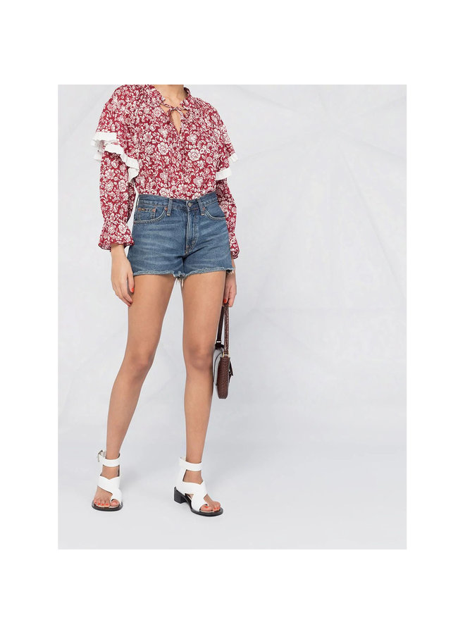 Long Sleeve Ruffle Blouse in Floral Print in Red/White