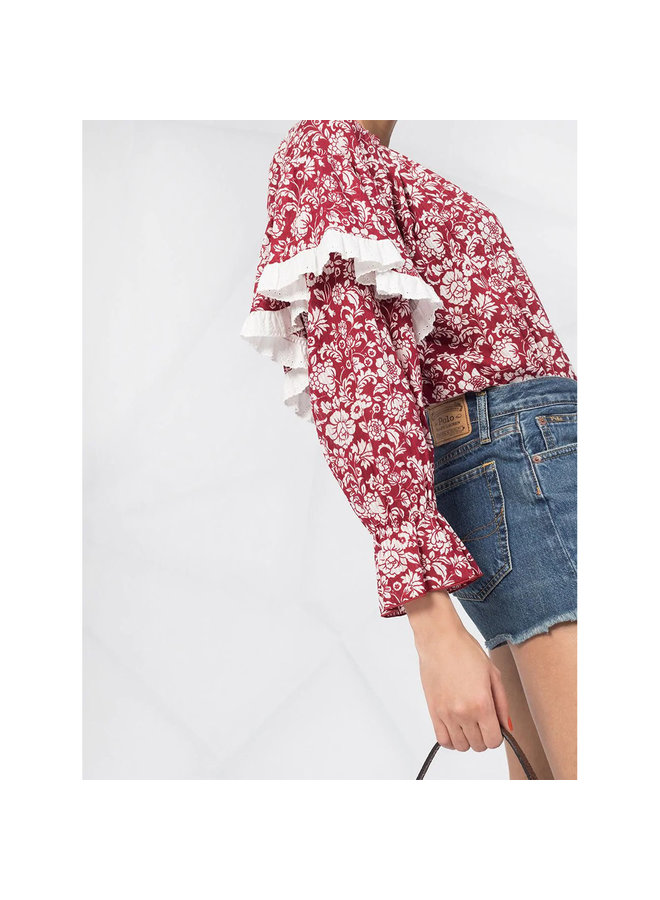Long Sleeve Ruffle Blouse in Floral Print in Red/White