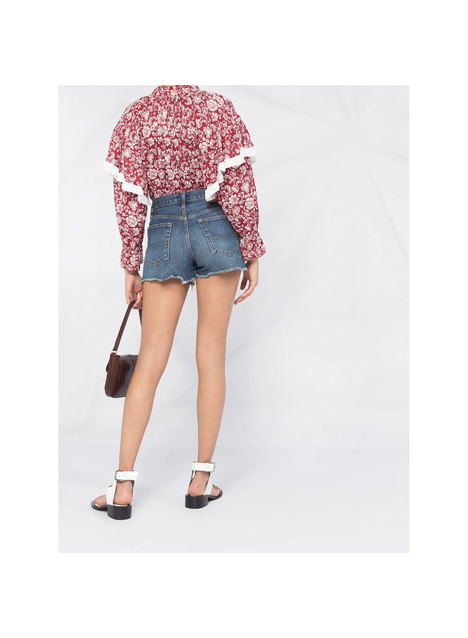 Long Sleeve Ruffle Blouse in Floral Print in Red/White