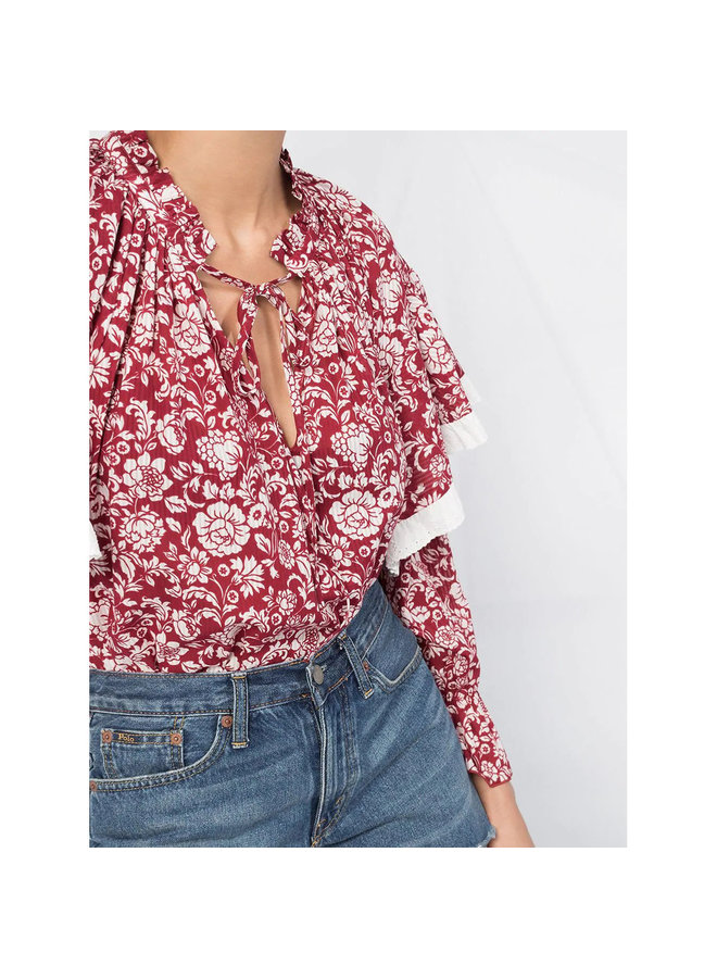 Long Sleeve Ruffle Blouse in Floral Print in Red/White