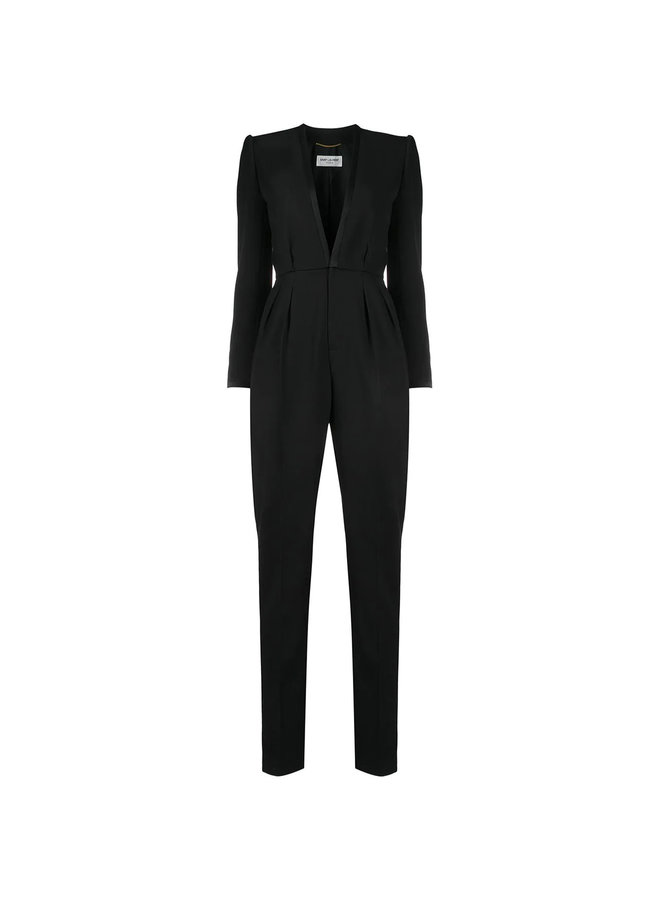 Full Length Deep V-neck Tailored Jumpsuit in Black