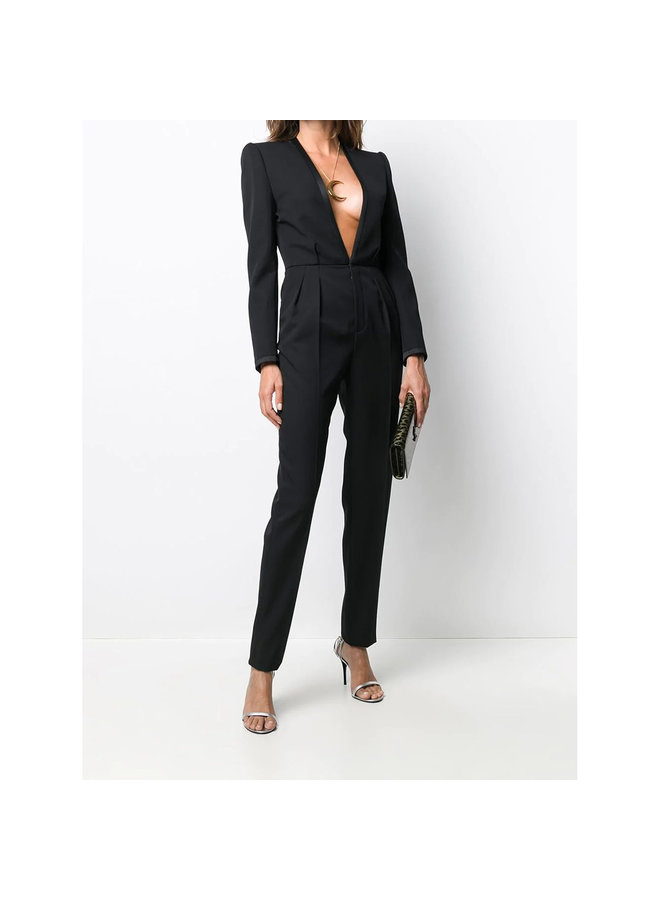 Full Length Deep V-neck Tailored Jumpsuit in Black