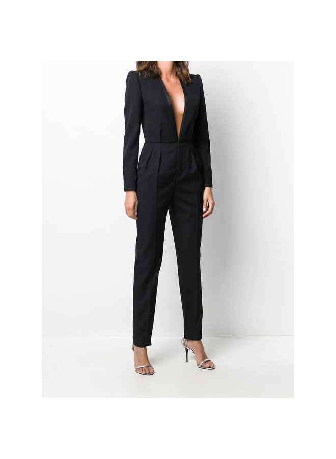 Full Length Deep V-neck Tailored Jumpsuit in Black