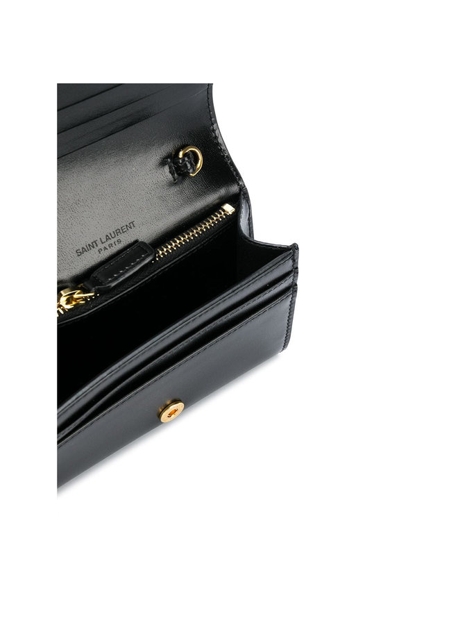 Embossed Logo Mini Chain Wallet in Calf Leather in Black
