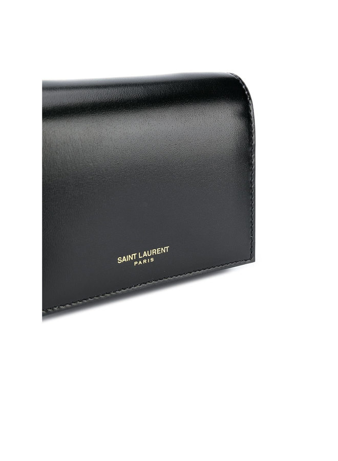 Embossed Logo Mini Chain Wallet in Calf Leather in Black