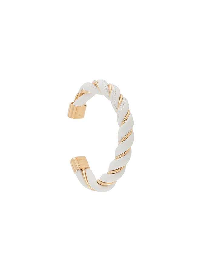Leather and Gold Plated Silver Woven Bracelet in White/Gold