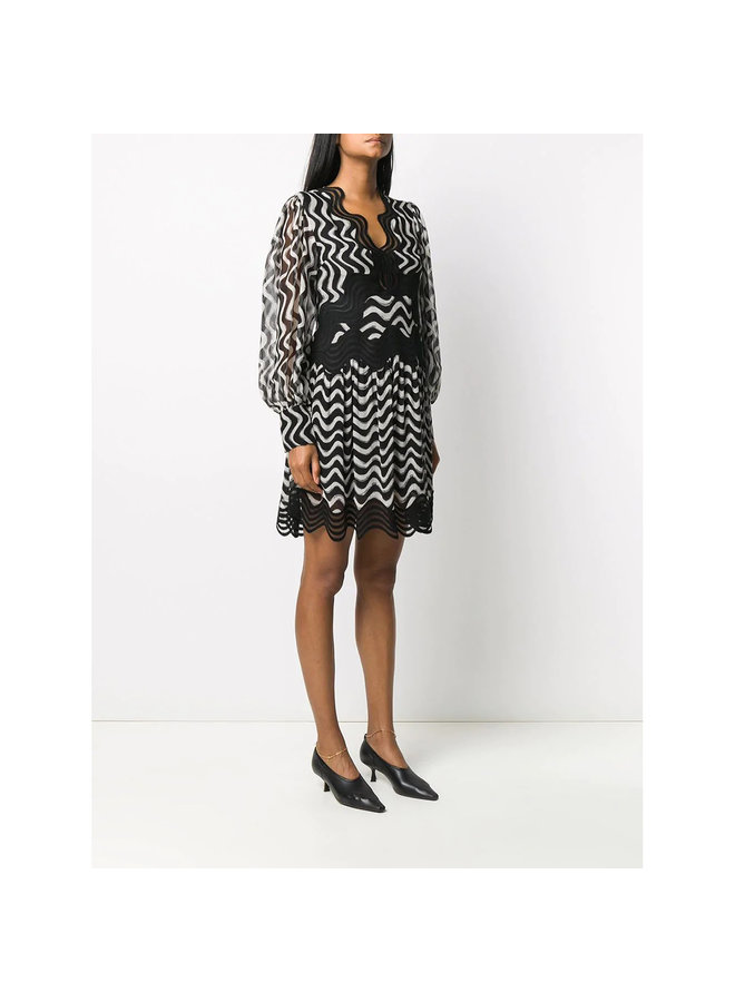 Wave-stripe Long-sleeve Silk Dress in Black and Ivory