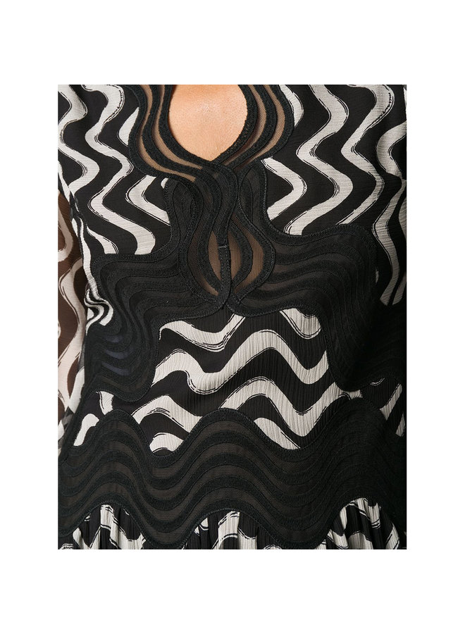 Wave-stripe Long-sleeve Silk Dress in Black and Ivory