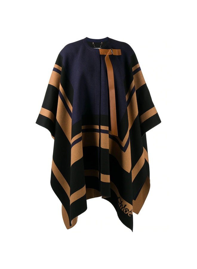 Patterned Cape in Virgin Wool in Beige/Blue