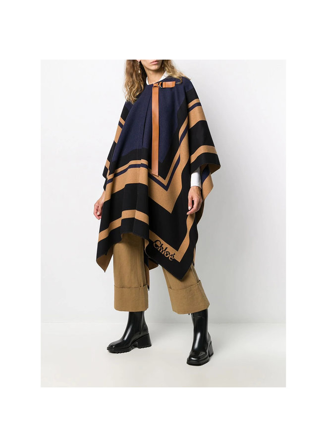 Patterned Cape in Virgin Wool in Beige/Blue