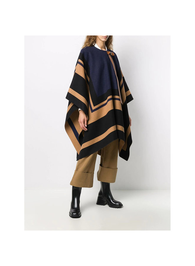 Patterned Cape in Virgin Wool in Beige/Blue