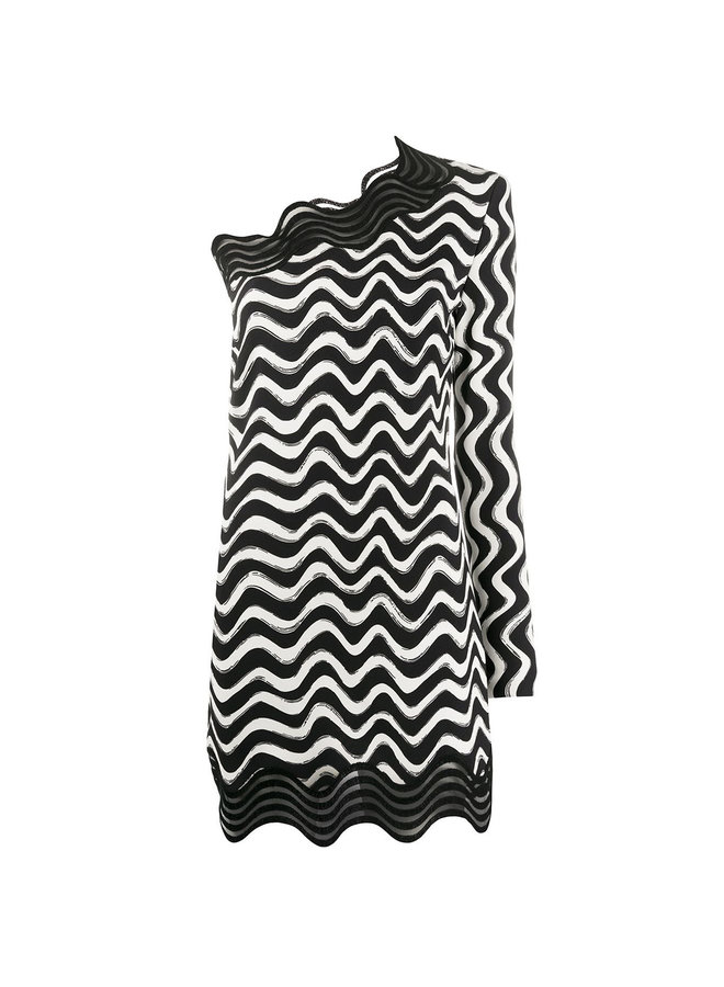 One-shoulder Swirl Print Dress in Black/Ivory