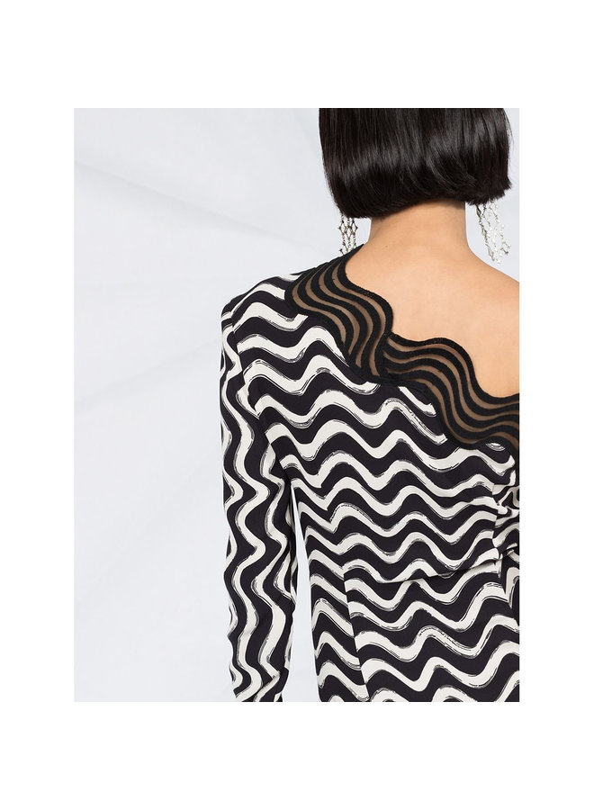 One-shoulder Swirl Print Dress in Black/Ivory