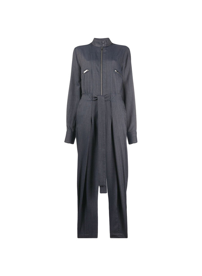 Tie-waist Denim Tapered Jumpsuit in Cotton Denim in Black
